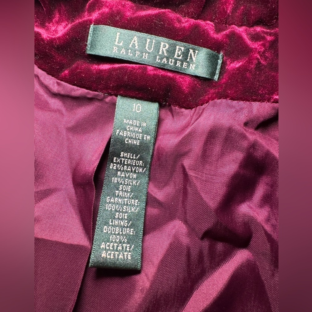 Lauren Ralph Lauren Burgundy Silk Velvet Blouse Sz 10 Button Front Holiday Party - Picture 5 of 11